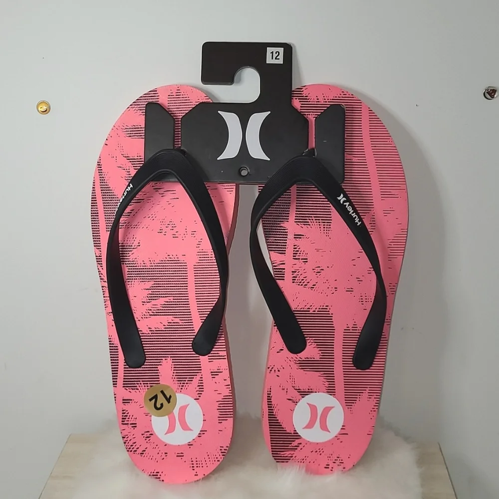Hurley Mens Palm Trees Print Beach Pool Sandals Thongs Size 12 Pink / Black - Picture 1 of 9